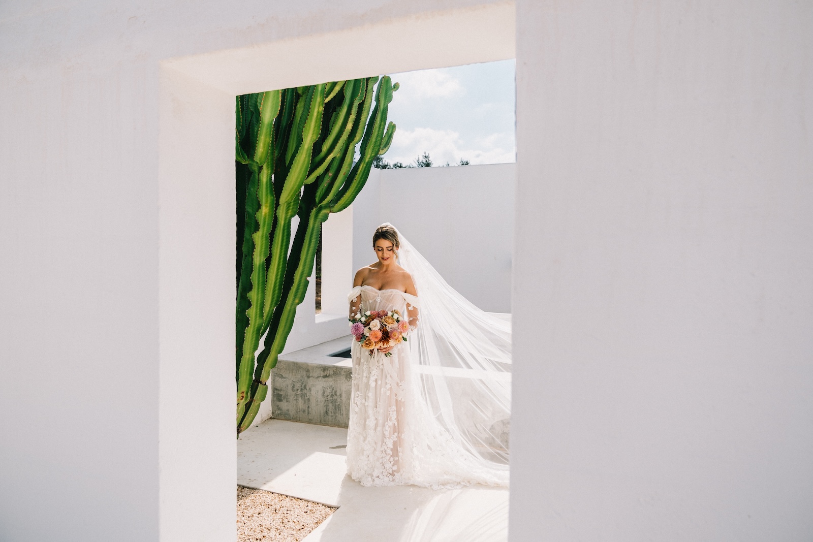 Matrimonio a Masseria San Giovanni ritratto sposa abito bianco velo cactus